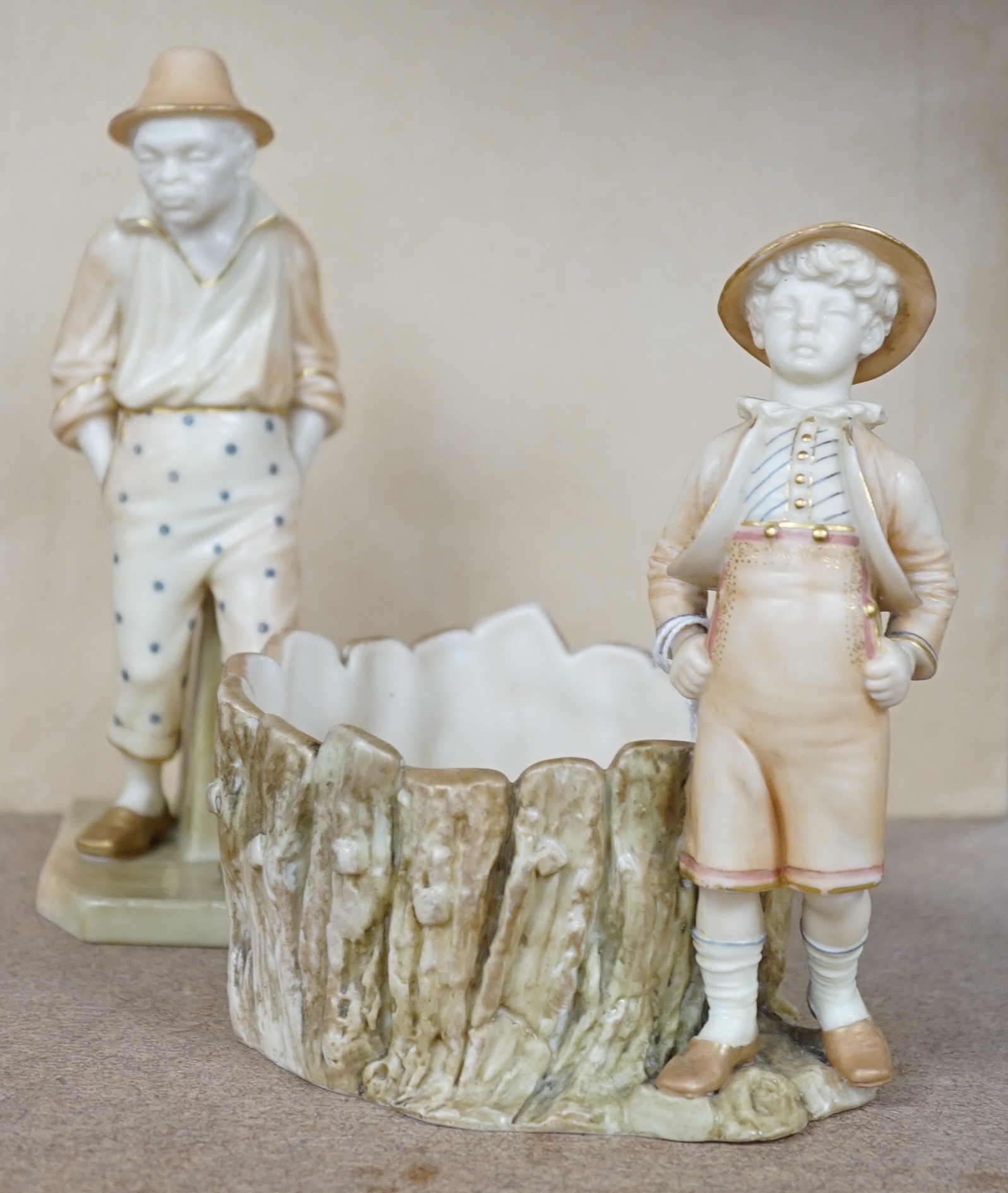 A Royal Worcester figure and a figural pot, model numbers 840 and 1242, tallest 17cm. Condition - pot cracked